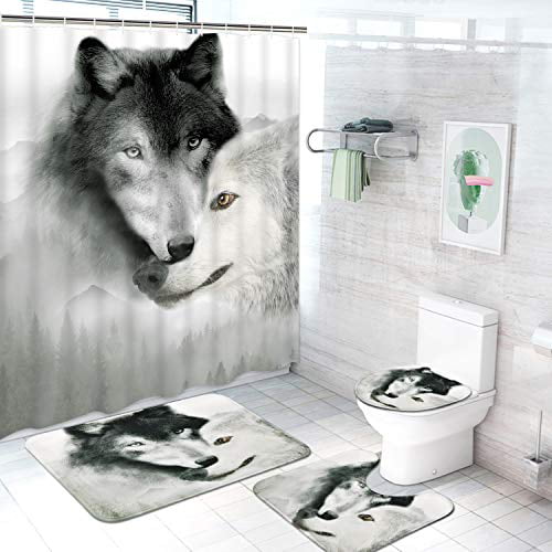 US 4Pcs Wolf Decor Shower Curtain Bathroom Anti-slip Carpet Rug Toilet Cover 